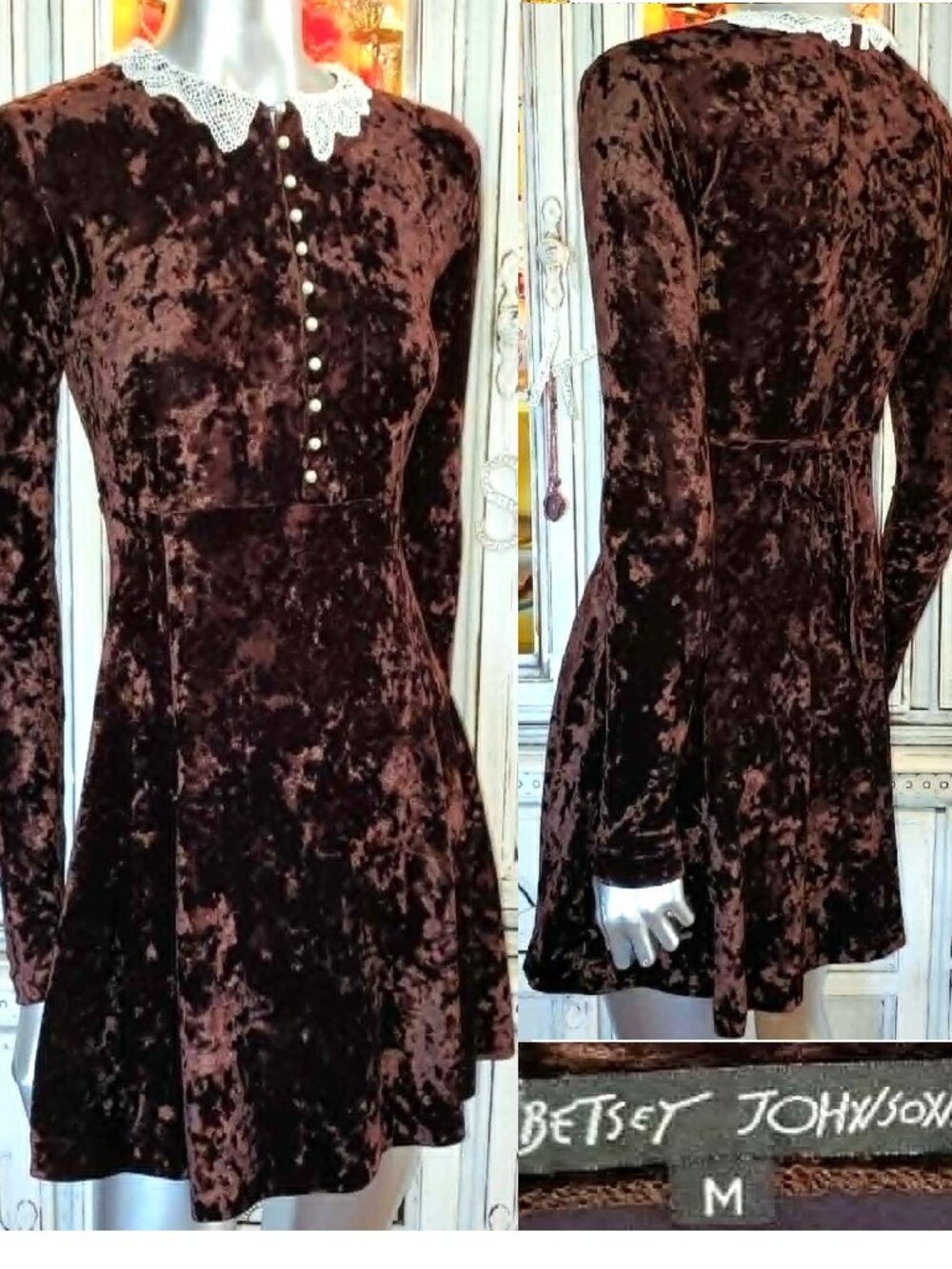 Vintage Betsey Johnson 90s Y2K Brown Crushed Velvet Victorian Pearl Skater Dress